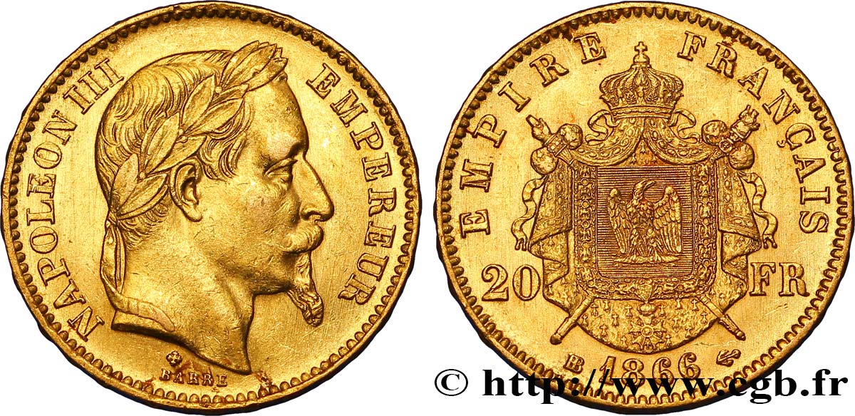 20 francs or Napoléon III, tête laurée 1866 Strasbourg F.532/14 SS50 