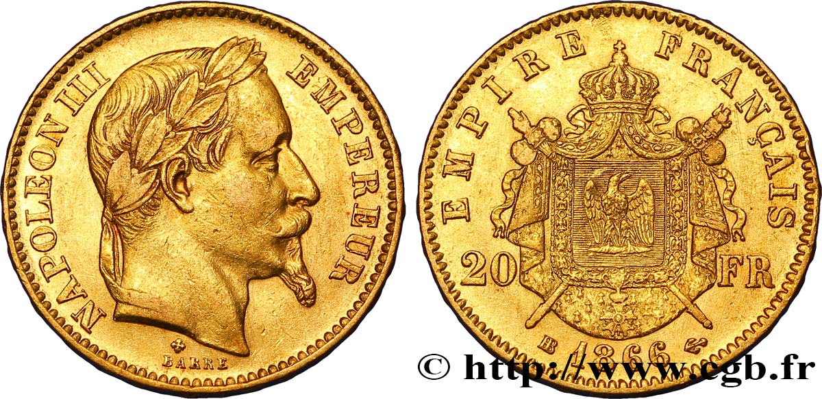 20 francs or Napoléon III, tête laurée 1866 Strasbourg F.532/14 TTB42 