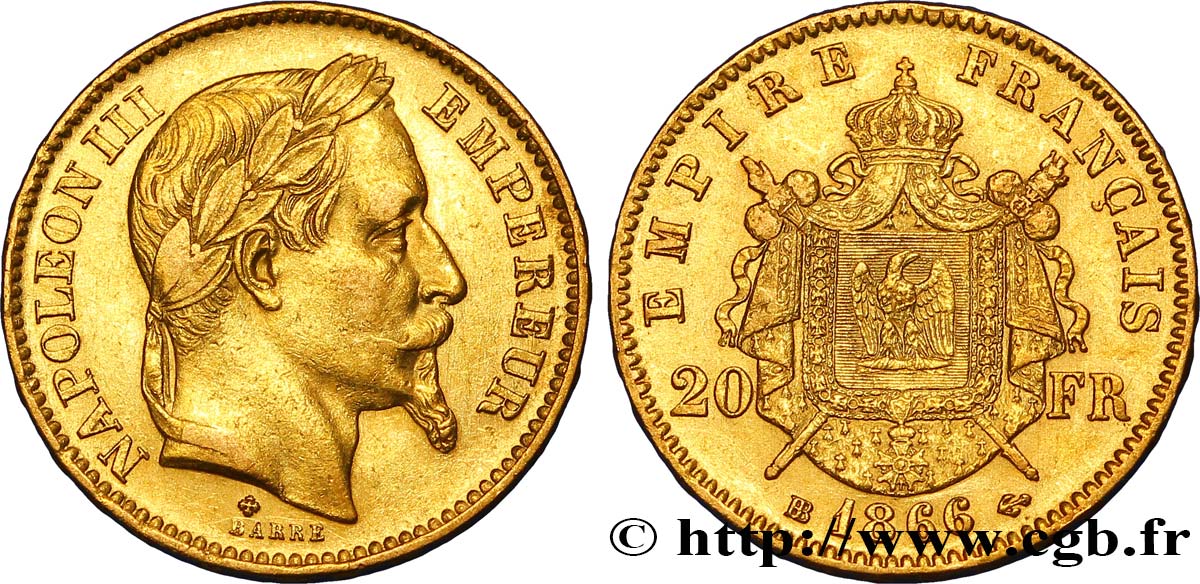 20 francs or Napoléon III, tête laurée 1866 Strasbourg F.532/14 TTB45 