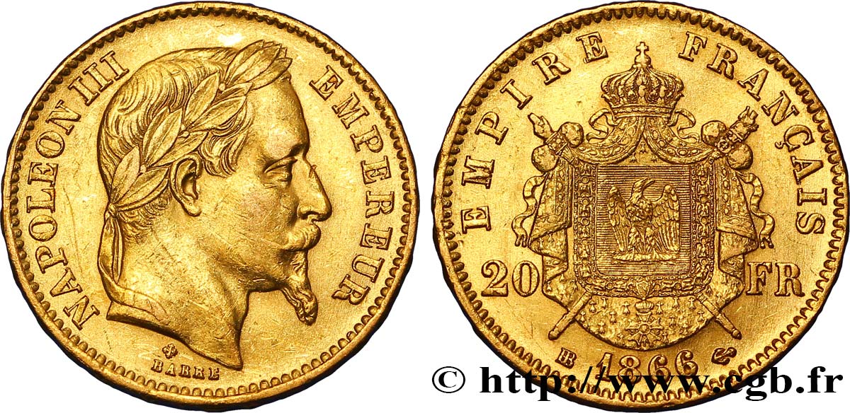 20 francs or Napoléon III, tête laurée 1866 Strasbourg F.532/14 TTB48 