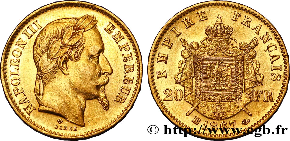 20 francs or Napoléon III, tête laurée 1867 Strasbourg F.532/17 XF48 