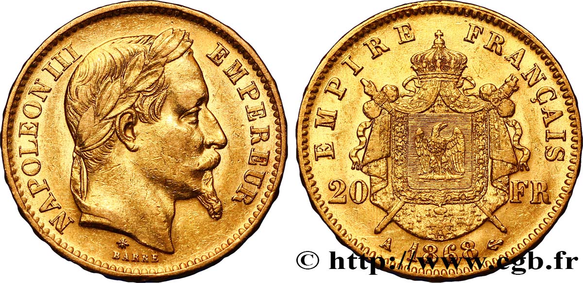 20 francs or Napoléon III, tête laurée 1868 Paris F.532/18 TTB45 