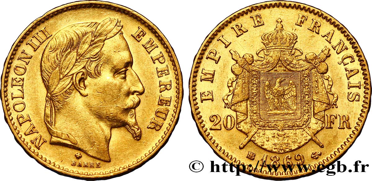 20 francs or Napoléon III, tête laurée 1869 Strasbourg F.532/21 AU50 