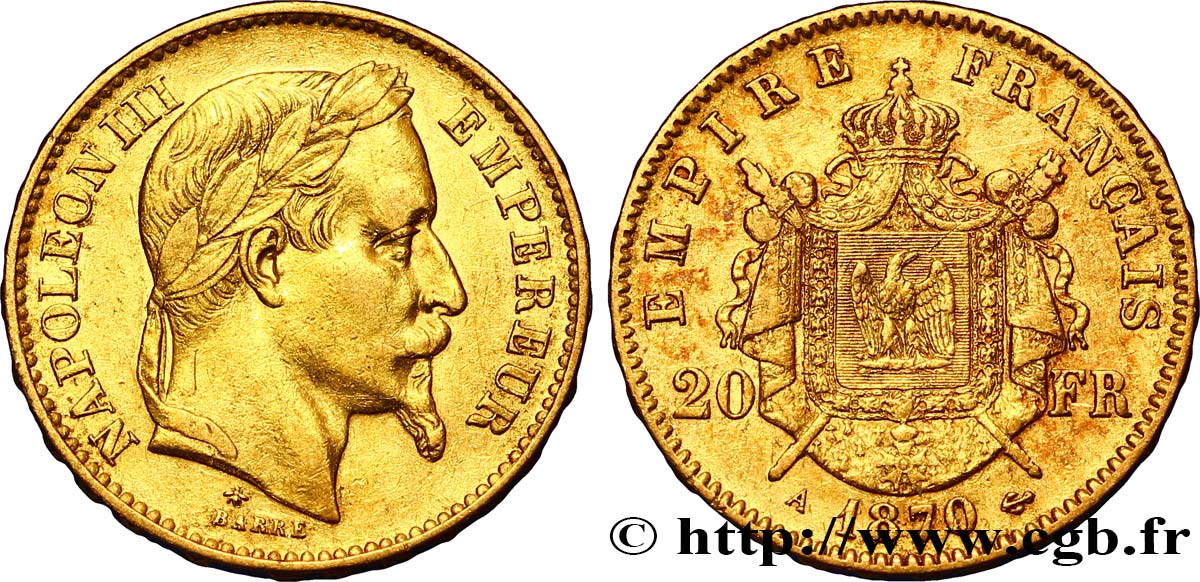 20 francs or Napoléon III, tête laurée 1870 Paris F.532/23 TTB45 