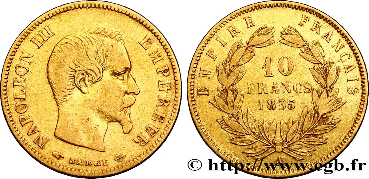 10 francs or Napoléon III, tête nue 1855 Paris F.506/1 VF35 