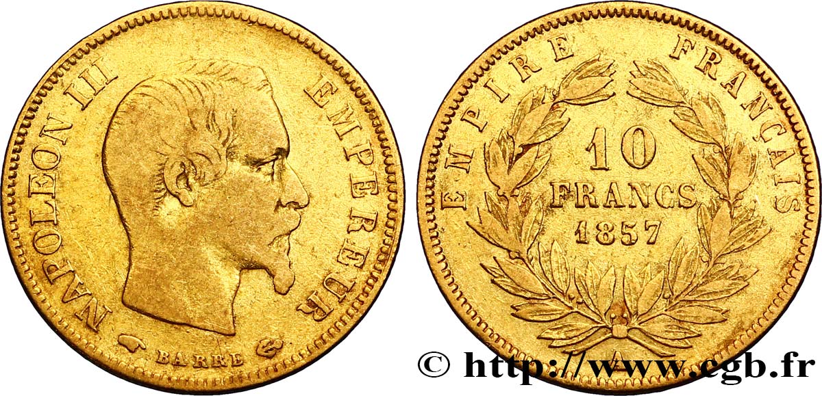 10 francs or Napoléon III, tête nue 1857 Paris F.506/4 TB25 