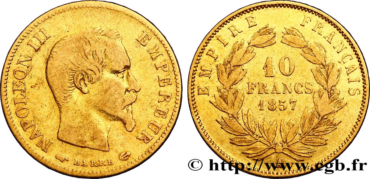 10 francs or Napoléon III, tête nue 1857 Paris F.506/4 TB25 