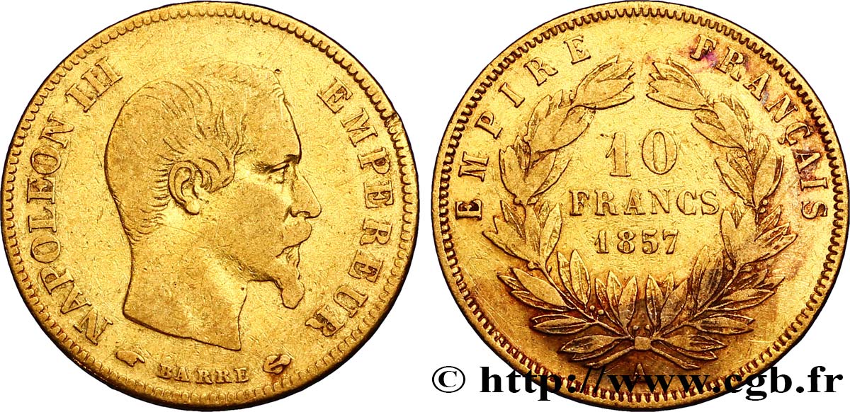 10 francs or Napoléon III, tête nue 1857 Paris F.506/4 TB30 