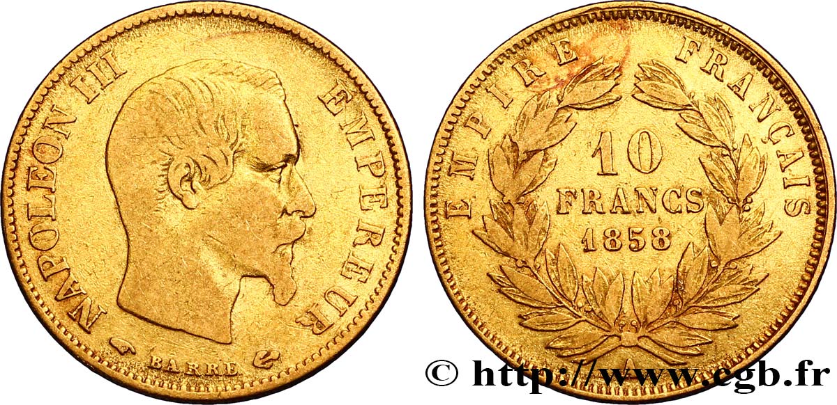 10 francs or Napoléon III, tête nue 1858 Paris F.506/5 TB25 