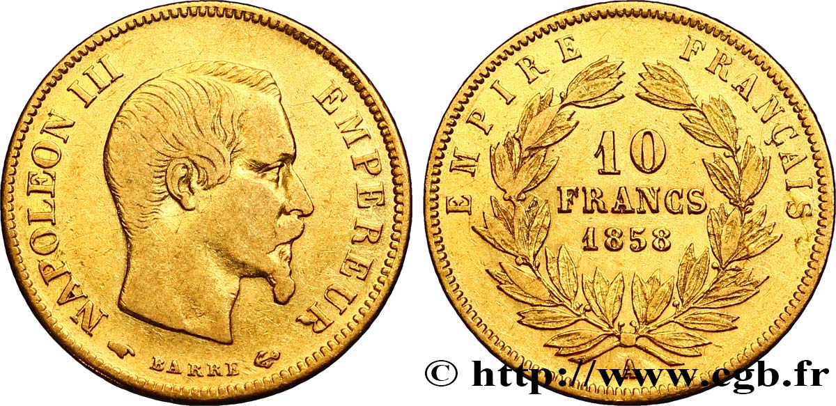 10 francs or Napoléon III, tête nue 1858 Paris F.506/5 SS40 