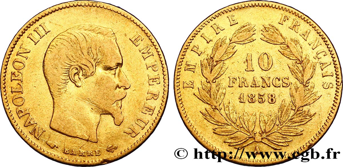 10 francs or Napoléon III, tête nue 1858 Paris F.506/5 XF40 