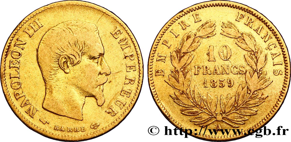 10 francs or Napoléon III, tête nue 1859 Paris F.506/7 TB30 