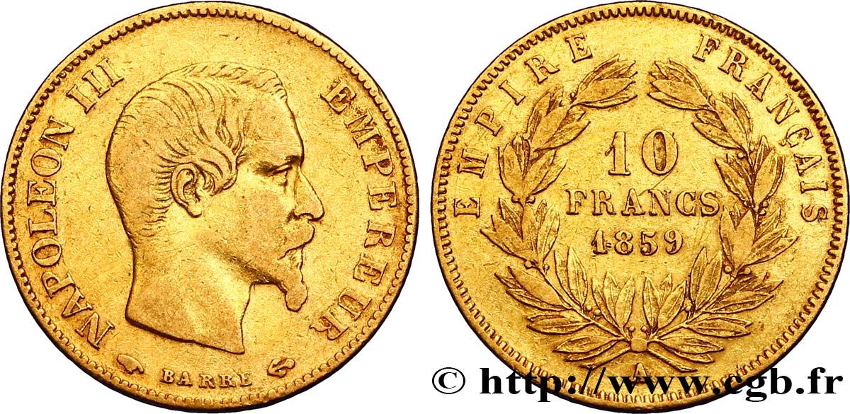 10 francs or Napoléon III, tête nue 1859 Paris F.506/7 MBC40 