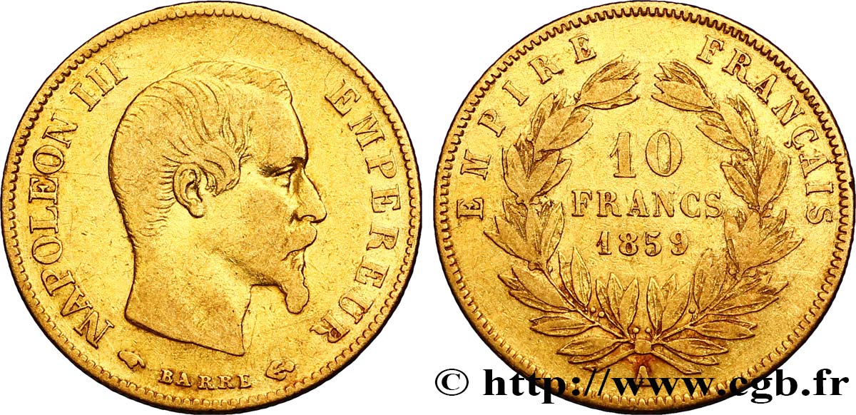 10 francs or Napoléon III, tête nue 1859 Paris F.506/7 XF40 