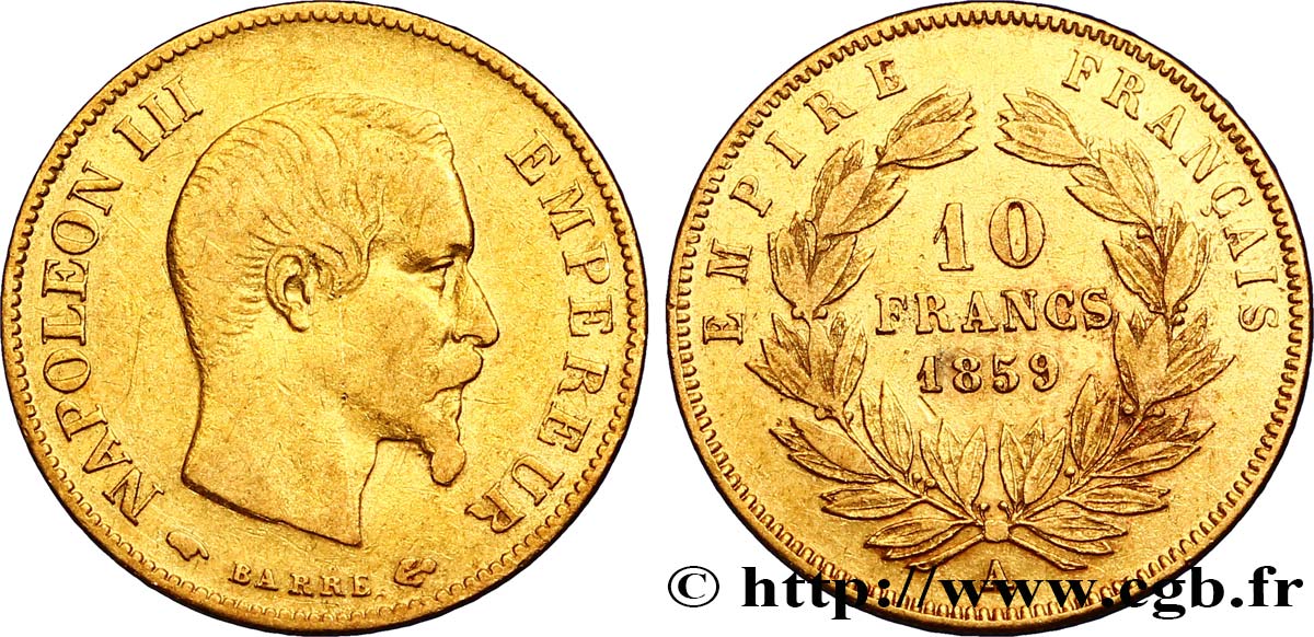 10 francs or Napoléon III, tête nue 1859 Paris F.506/7 VF35 