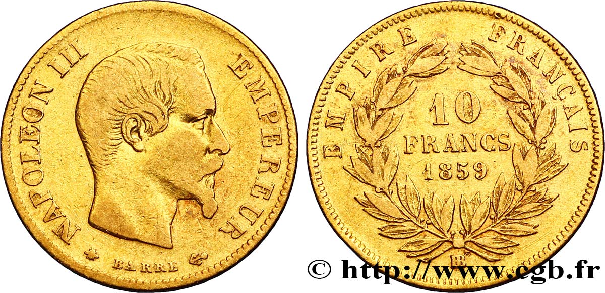 10 francs or Napoléon III, tête nue 1859 Strasbourg F.506/8 VF35 