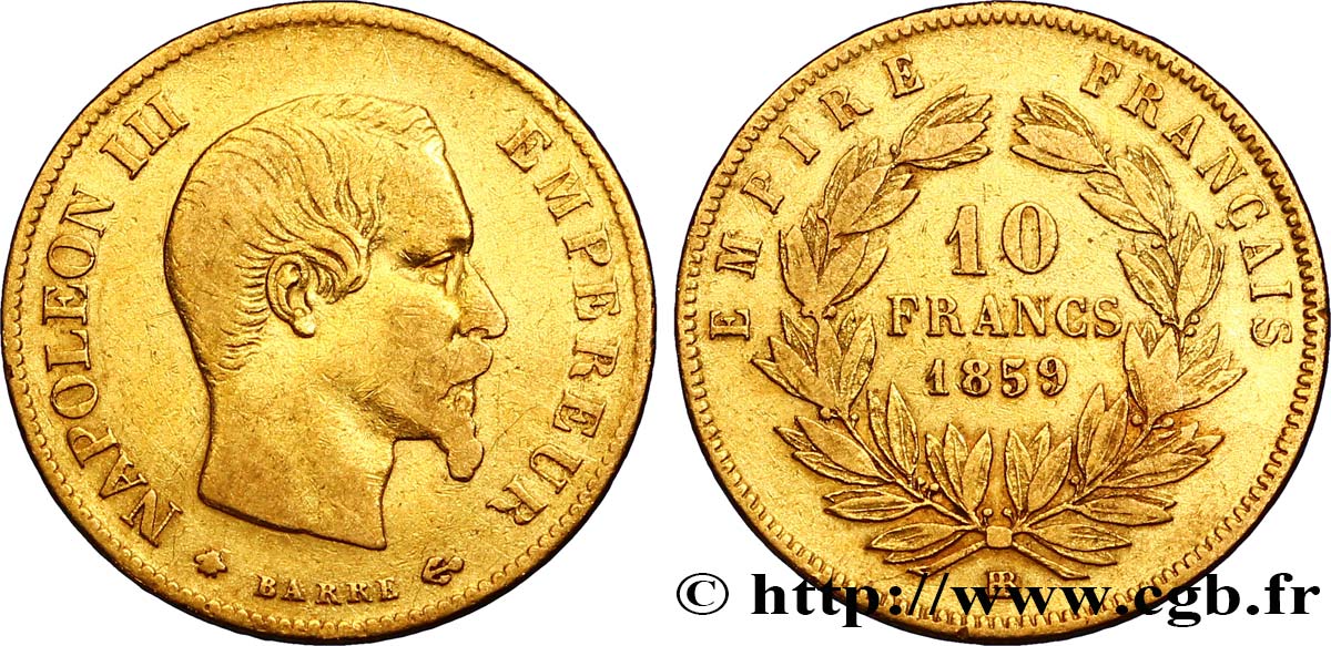 10 francs or Napoléon III, tête nue 1859 Strasbourg F.506/8 MBC40 