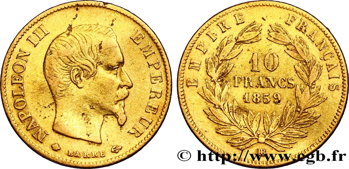 10 francs or Napoléon III, tête nue 1859 Strasbourg F.506/8 MBC 