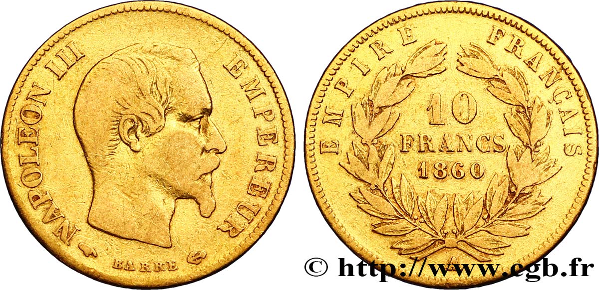 10 francs or Napoléon III, tête nue 1860 Paris F.506/9 VF35 