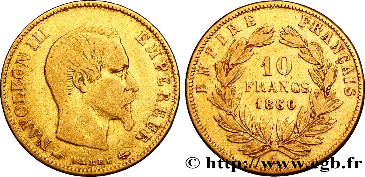10 francs or Napoléon III, tête nue 1860 Paris F.506/9 VF30 