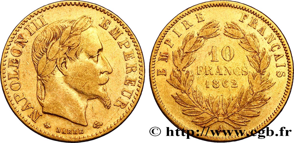10 francs or Napoléon III, tête laurée, hybride à petit 10 1862 Paris F.507/1 TTB42 