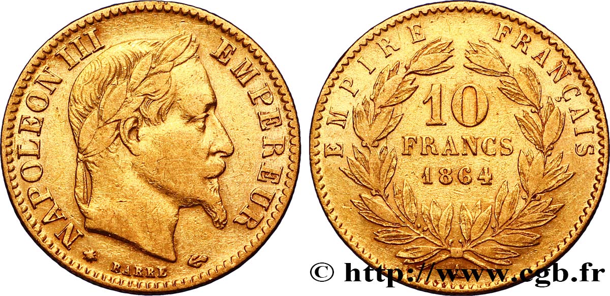 10 francs or Napoléon III, tête laurée, type définitif à grand 10 1864 Paris F.507A/6 TTB45 