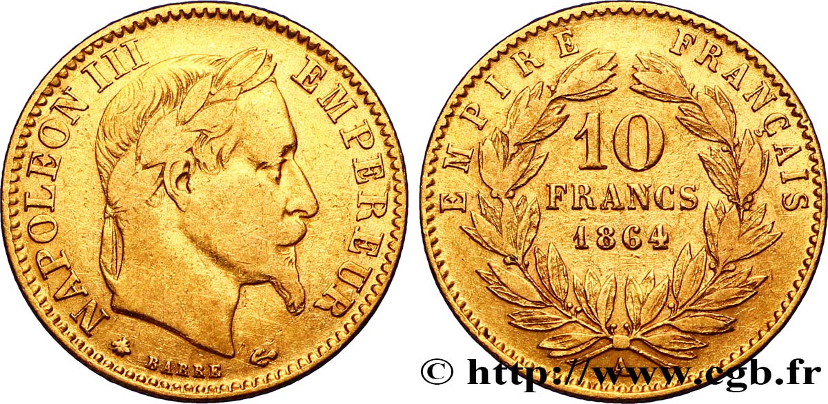 10 francs or Napoléon III, tête laurée, type définitif à grand 10 1864 Paris F.507A/6 TB35 
