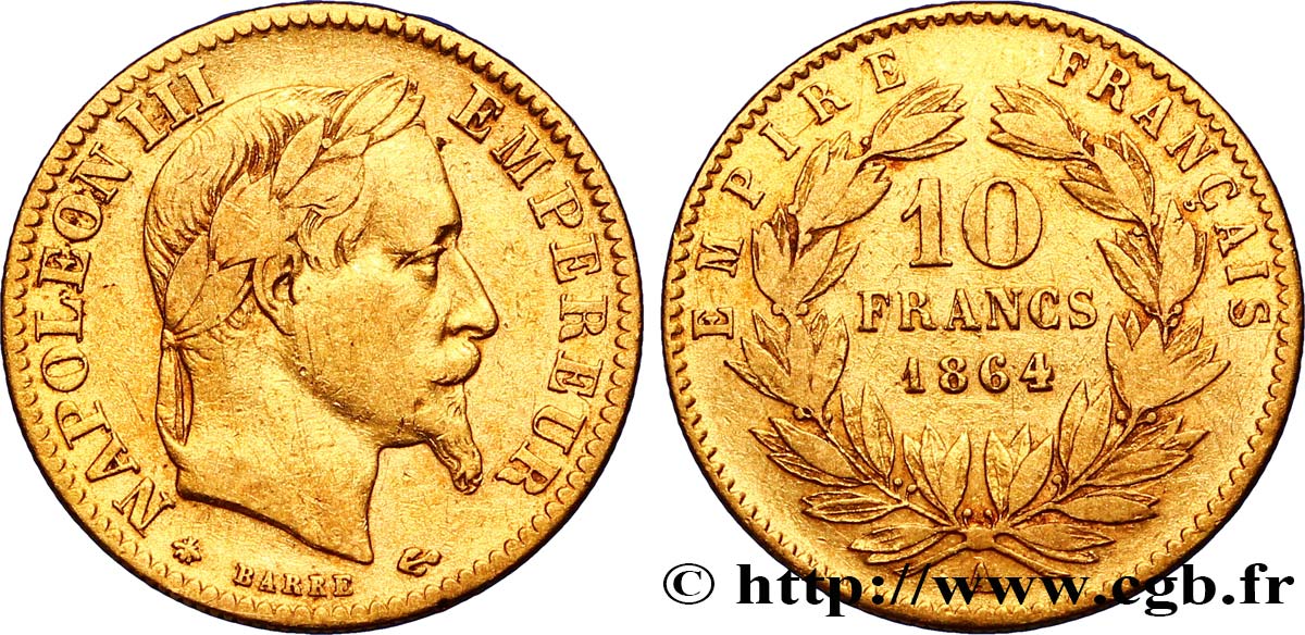 10 francs or Napoléon III, tête laurée, type définitif à grand 10 1864 Paris F.507A/6 TTB40 