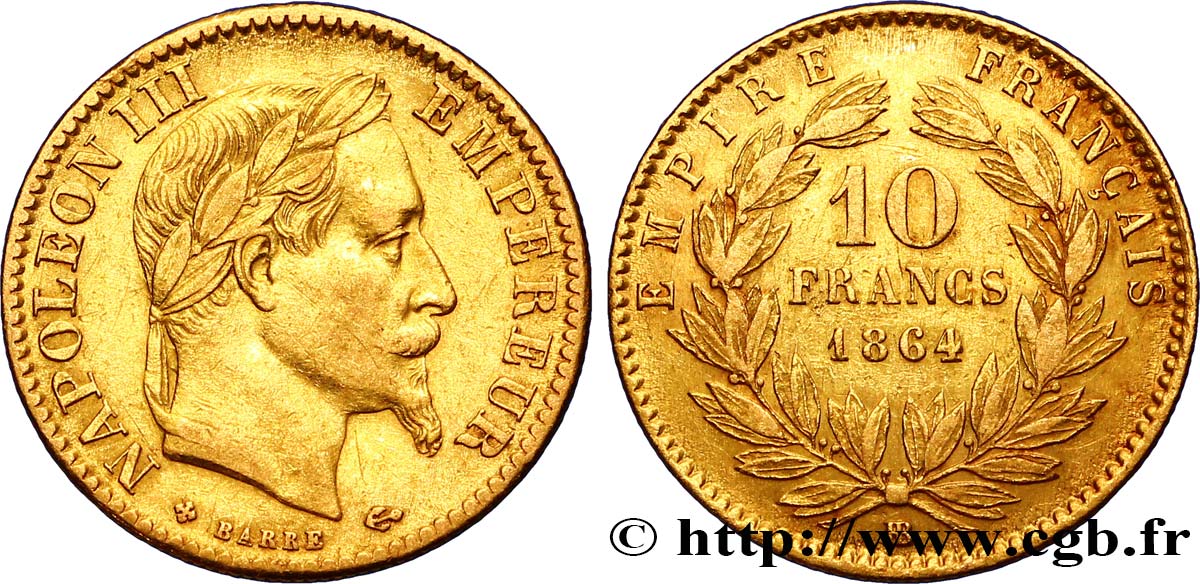 10 francs or Napoléon III, tête laurée, type définitif à grand 10 1864 Strasbourg F.507A/7 TTB48 