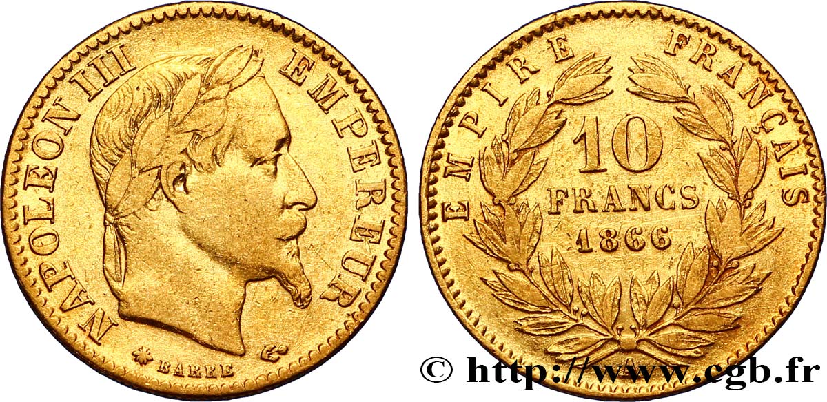 10 francs or Napoléon III, tête laurée, type définitif à grand 10 1866 Paris F.507A/12 BB40 