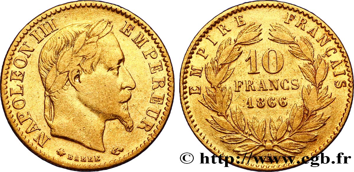 10 francs or Napoléon III, tête laurée, type définitif à grand 10 1866 Paris F.507A/12 SS40 