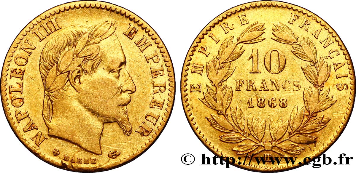 10 francs or Napoléon III, tête laurée, type définitif à grand 10 1868 Strasbourg F.507A/18 BB42 