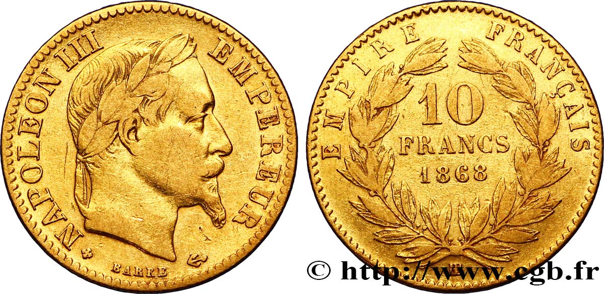 10 francs or Napoléon III, tête laurée, type définitif à grand 10 1868 Strasbourg F.507A/18 MBC40 