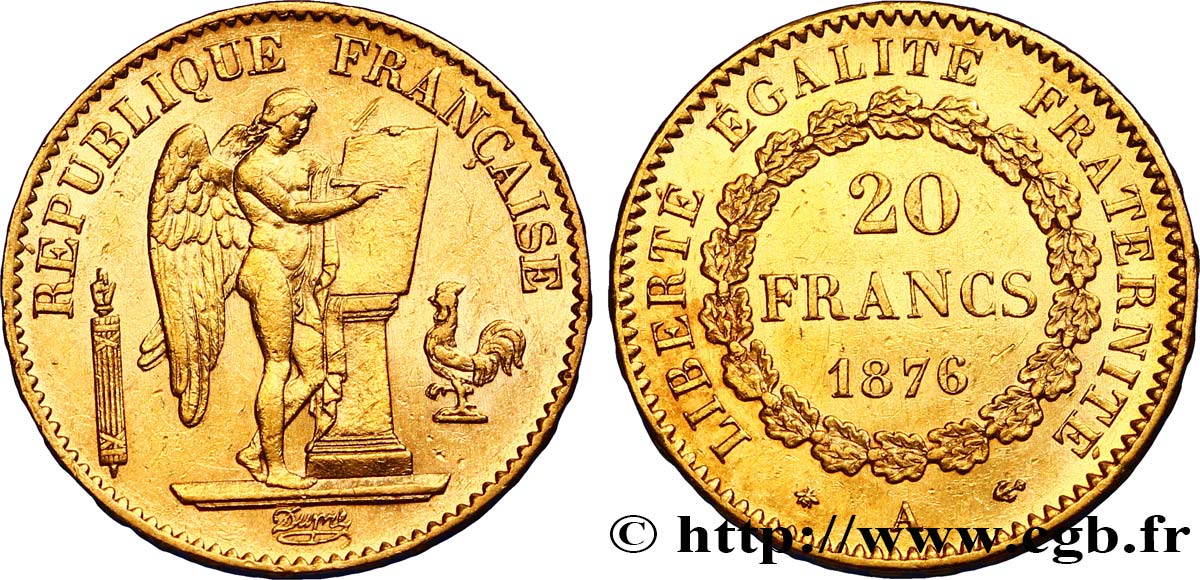 20 francs or Génie, IIIe République 1876 Paris F.533/4 MBC50 
