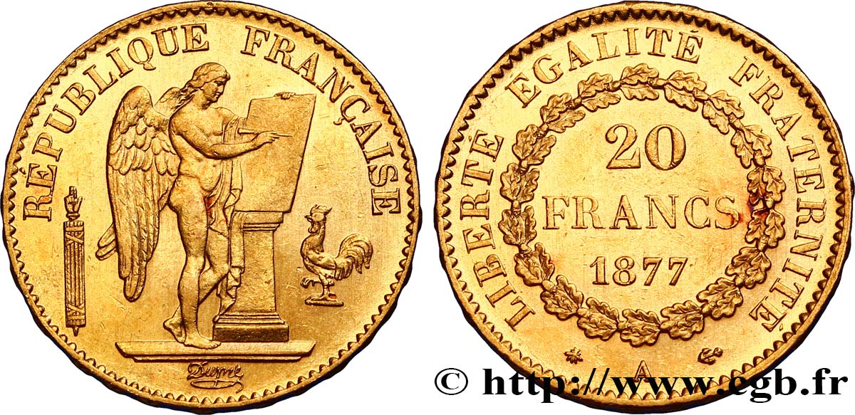 20 francs or Génie, IIIe République 1877 Paris F.533/5 AU52 
