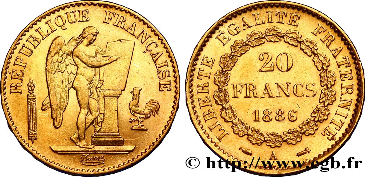 20 francs or Génie, IIIe République 1886 Paris F.533/9 XF48 