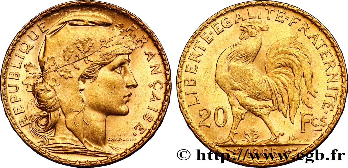 20 francs or Coq, Dieu protège la France 1905 Paris F.534/10 SUP58 