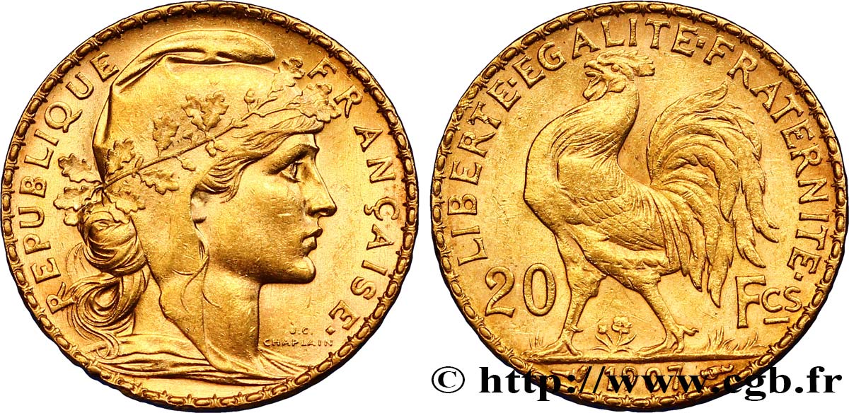20 francs or Coq, Liberté Égalité Fraternité 1907 Paris F.535/1 SUP58 