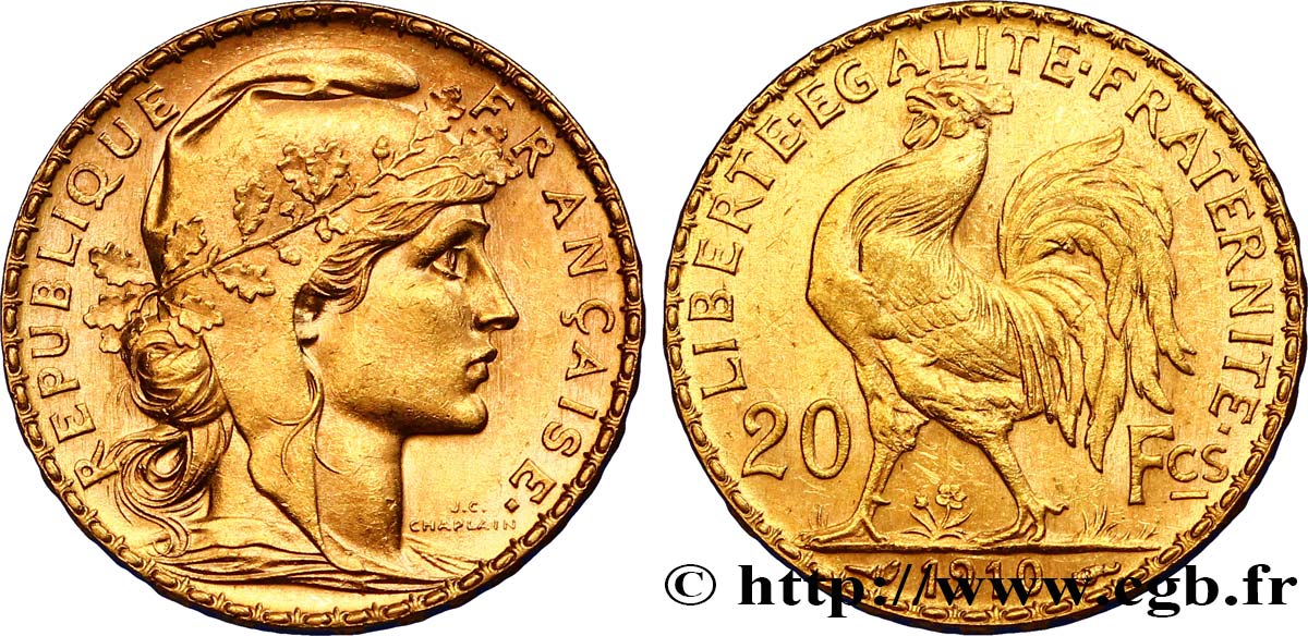 20 francs or Coq, Liberté Égalité Fraternité 1910 Paris F.535/4 SUP55 