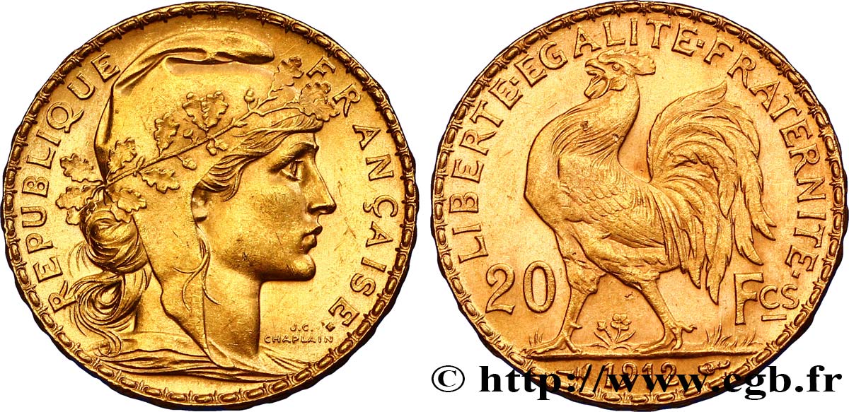 20 francs or Coq, Liberté Égalité Fraternité 1912 Paris F.535/6 SUP58 