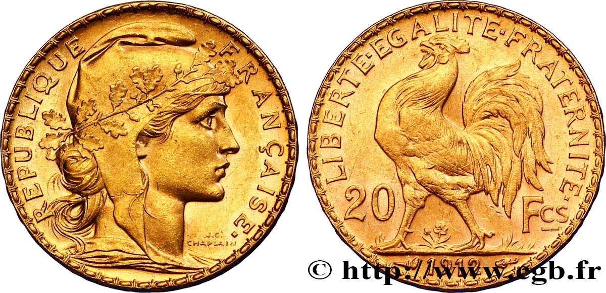 20 francs or Coq, Liberté Égalité Fraternité 1912 Paris F.535/6 SUP55 