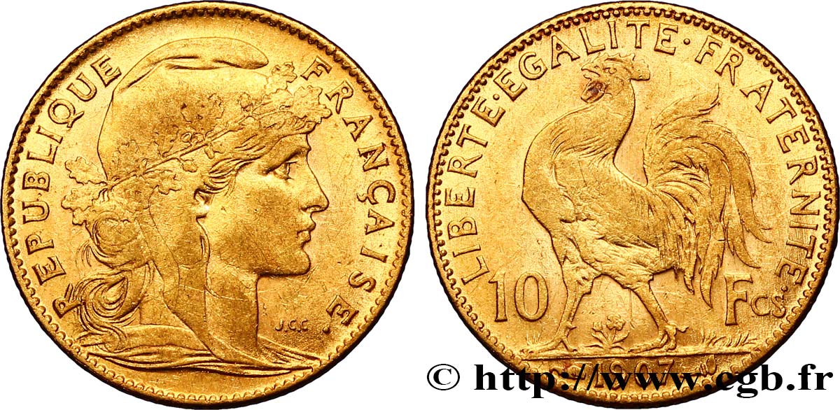10 francs or Coq 1907 Paris F.509/8 MBC48 
