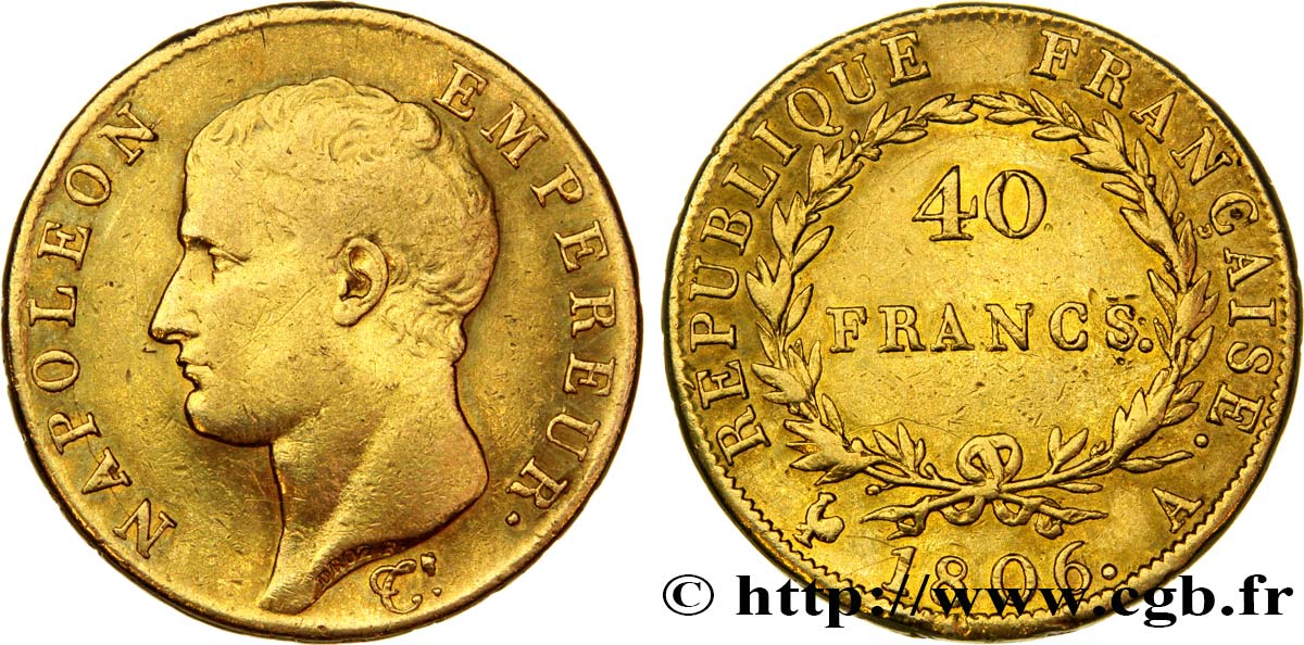 40 francs or Napoléon tête nue, Calendrier grégorien 1806 Paris F.538/1 MBC42 