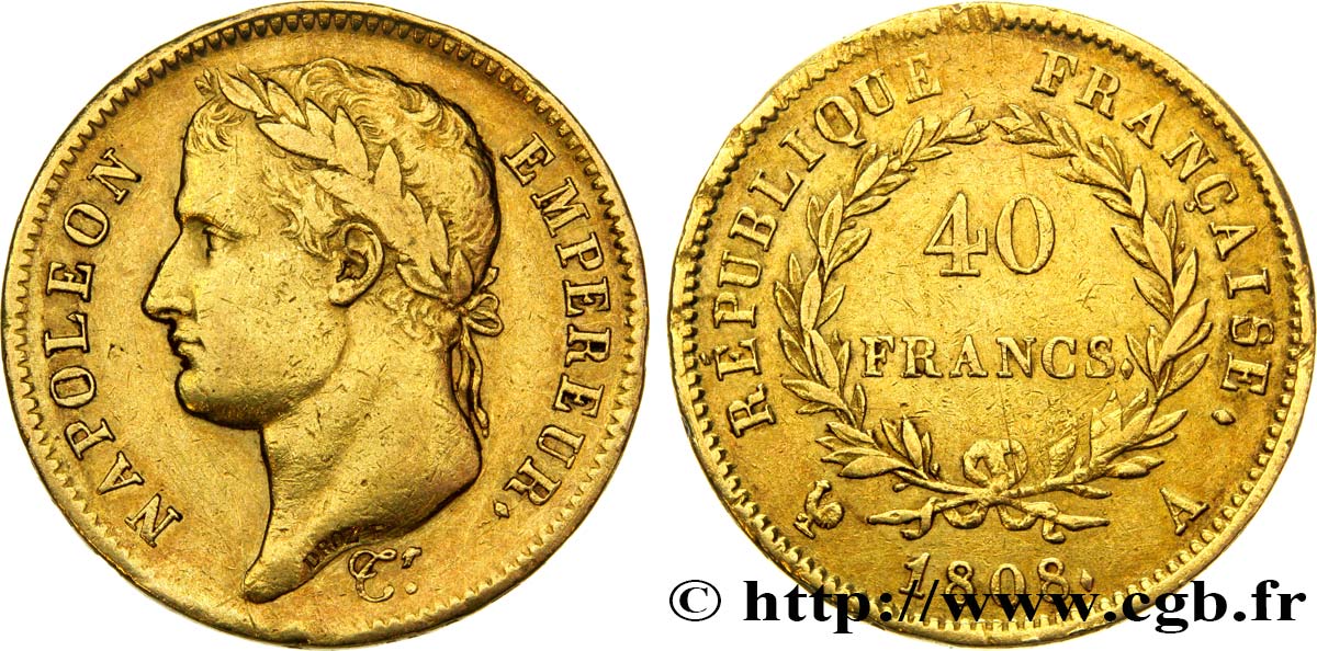 40 francs or Napoléon Ier tête laurée, République française 1808 Paris F.540/2 SS45 
