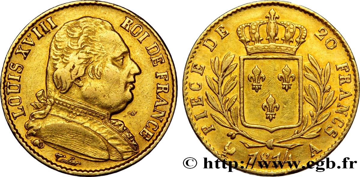 20 francs or Louis XVIII, buste habillé 1814 Paris F.517/1 TTB45 