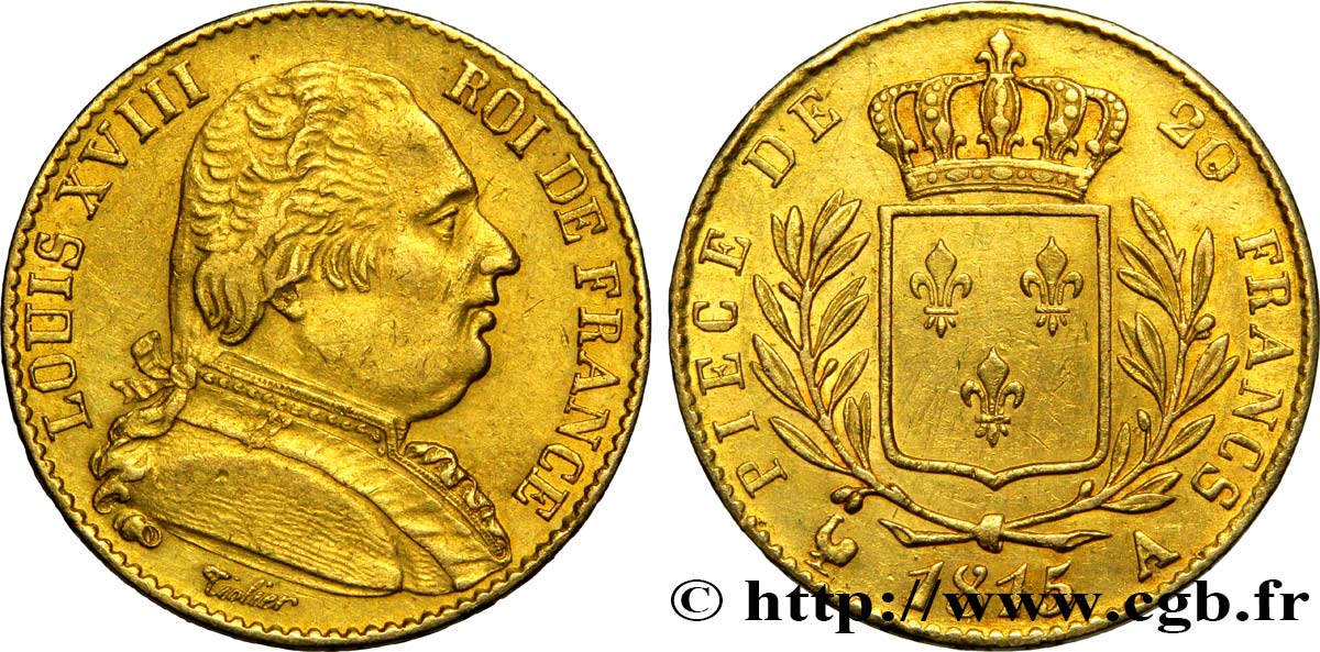 20 francs or Louis XVIII, buste habillé 1815 Paris F.517/10 MBC48 
