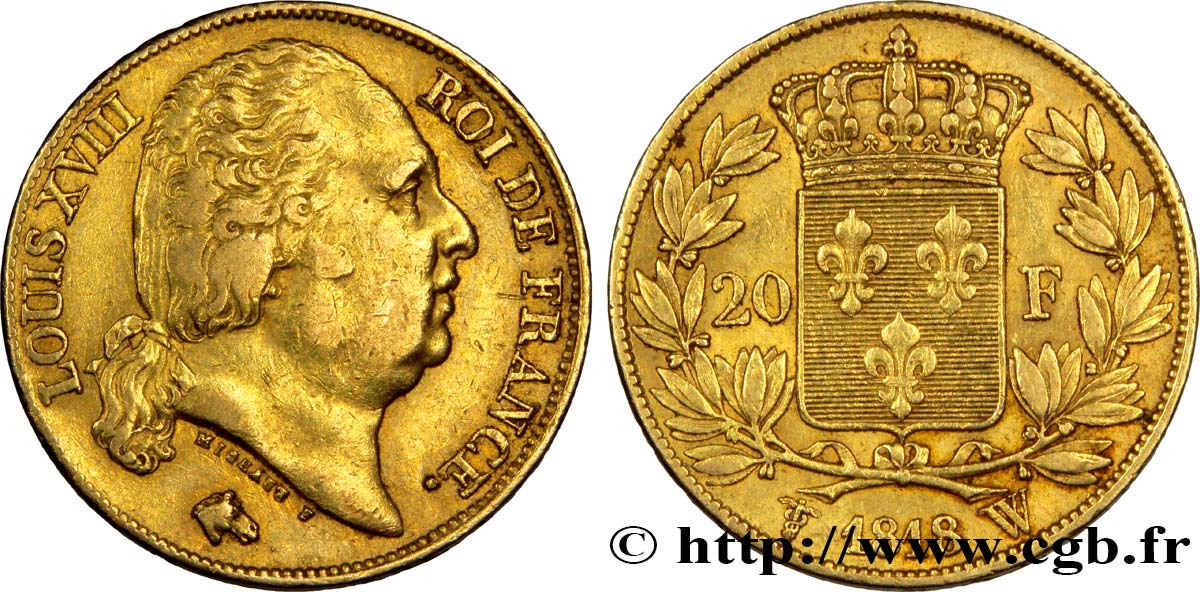 20 francs or Louis XVIII, tête nue 1818 Lille F.519/14 SS45 