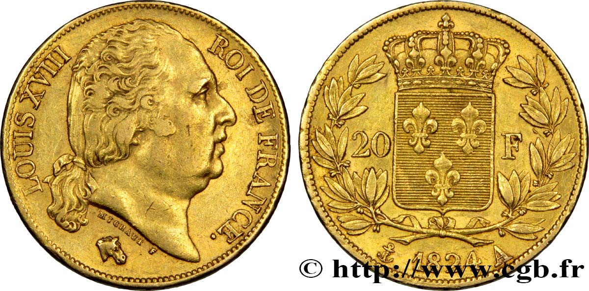 20 francs or Louis XVIII, tête nue 1824 Paris F.519/31 TTB45 