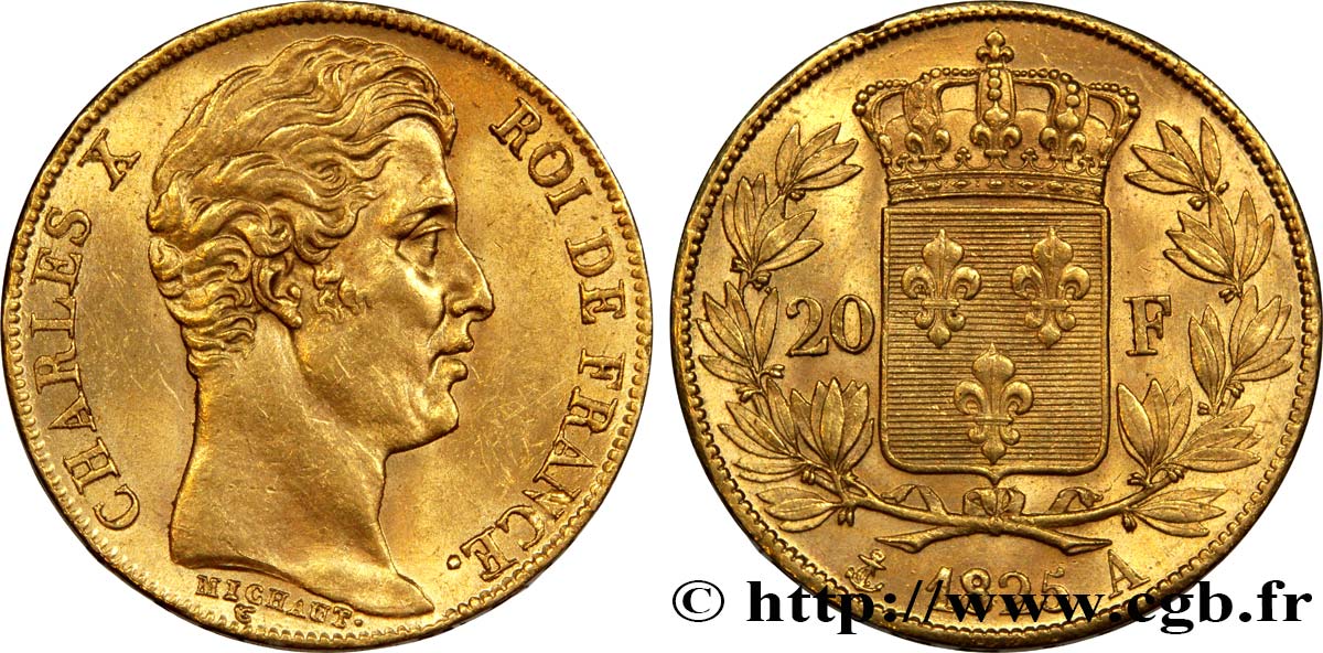 20 francs or Charles X, matrice du revers à quatre feuilles et demie 1825 Paris F.520/1 SUP58 