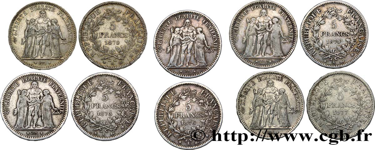 Lot de cinq pièces de 5 francs Hercule : 1873 1874 1875 1876 1877 - Paris F.334/9 TB 